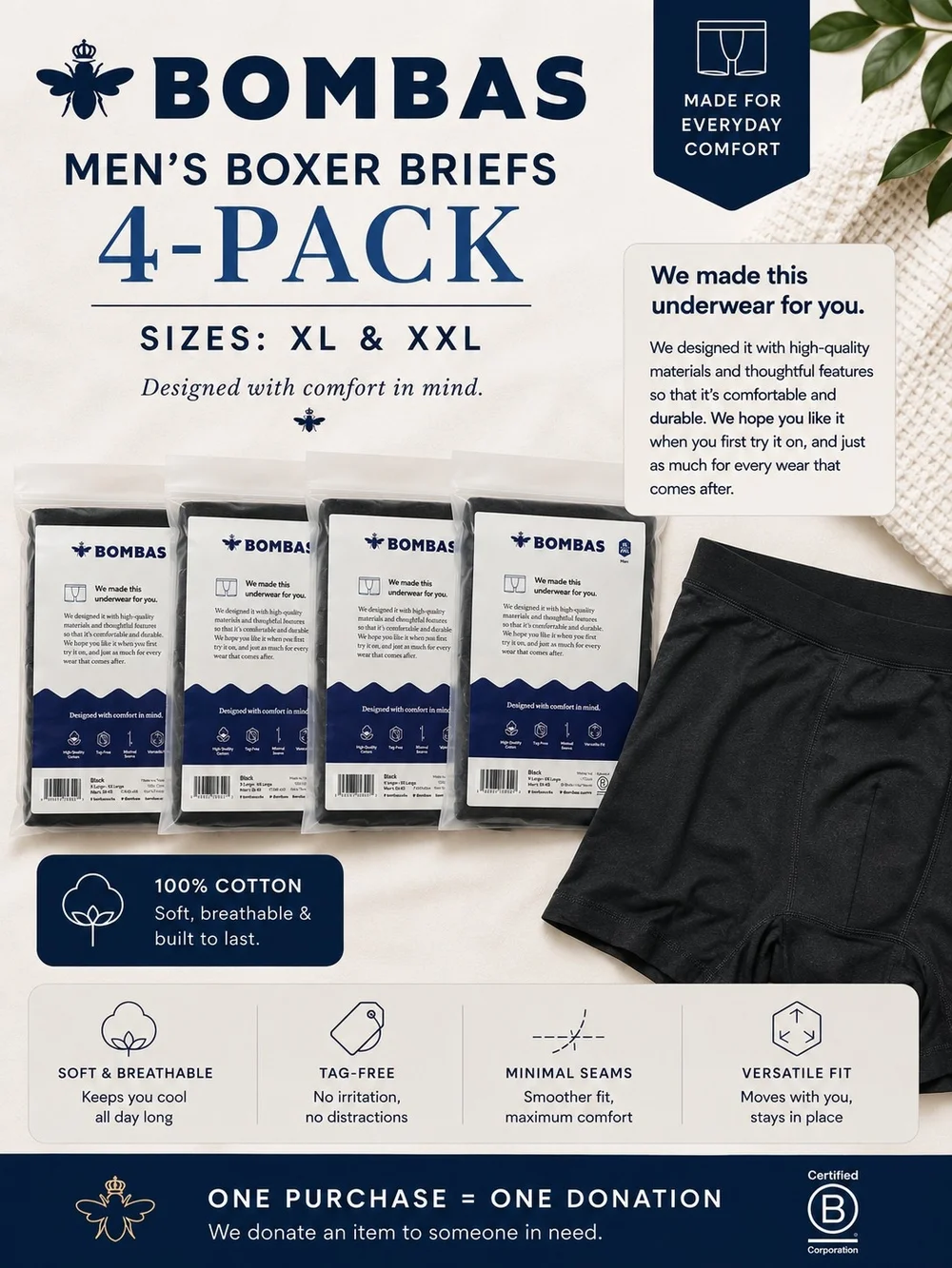 Bombas Men’s Boxer Briefs 4-Pack — Black
